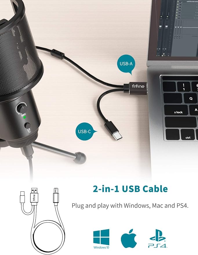 FIFINE K683A USB Desktop PC Microphone for Recording Streaming | Studio Condenser Mic, Gain Knob, Mute Button, Headphone Jack, Extra USB-C Plug, Pop Filter for Computer and Mac - Image 4