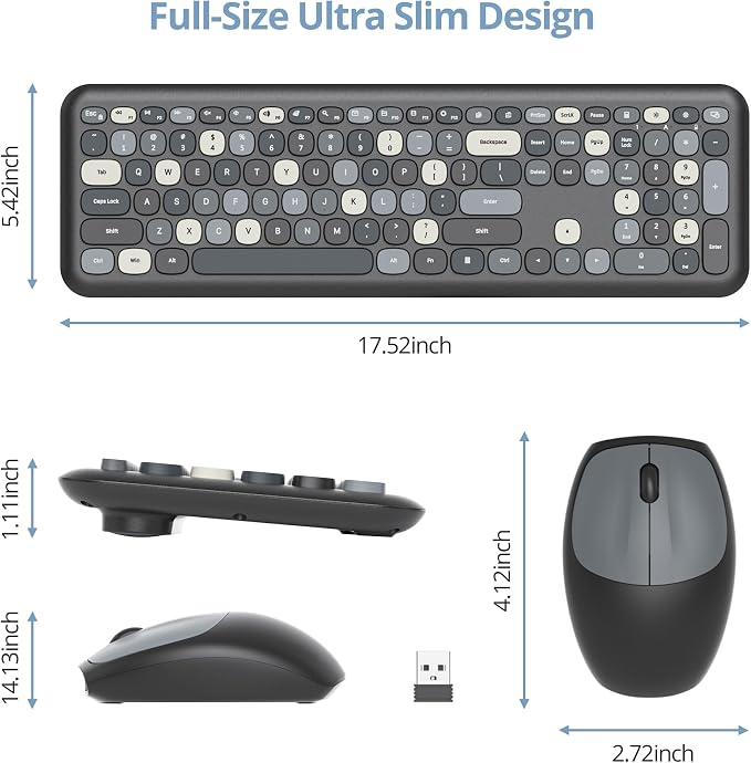Surmen Colorful Black Quiet Keyboard and Mouse Wireless, Full-Size Girly Slient Keyboard Retro Typewriter Low-Noise 2.4GHz for Computer, Desktop, Laptop (X110-Blend Gray) - Image 4