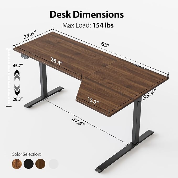 Agilestic 63 x 35 Inch Corner L Shaped Electric Standing Desk, Dark Walnut | Electric Height Adjustable, L-shape Workspace, Sturdy Steel Frame, Memory Preset, Hooks, 154 lbs, Easy Assembly, Splice Board - Image 3