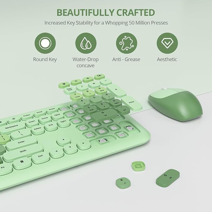 surmen Cute Green Keyboard and Mouse Wireless, Full-Size Retro Typewriter Wireless Silent Colorful Keyboard Low-Noise 2.4GHz for Home and Office（Light Green） - Image 3