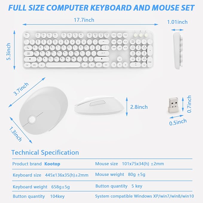 Wireless Keyboard Mouse Combo, 104 Keys Cute Colorful Typewriter White | Full Size With Number Pad & Mouse，Compatible With All Windows,Ideal For Windows,1600DPI,Computer, PC, Notebook, Laptop - Image 3