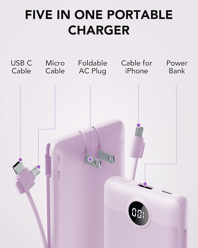 VRURC Portable Charger, Power Bank Built-in Cables and AC Wall Plug | USB C Power Bank 10000mAh Travel Essentials Phone Charger Compact External Battery Pack For Smart Phones, Tablets etc-Purple - Image 3