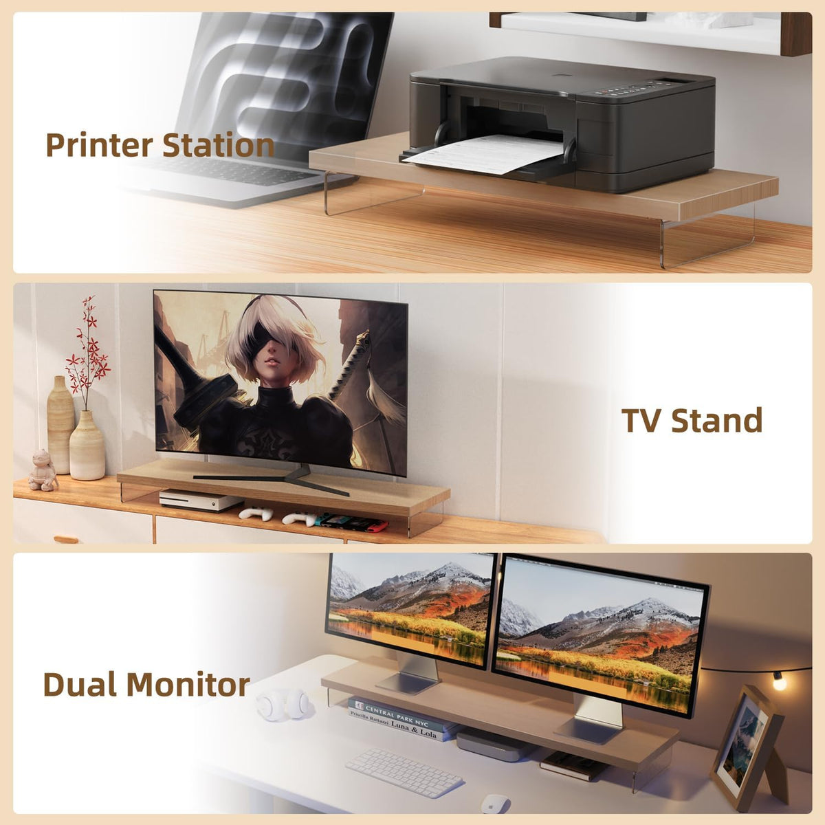 Monitor Stand Riser, 25x10 in Wood & Acrylic Computer Desk Organizer Shelf - Image 7