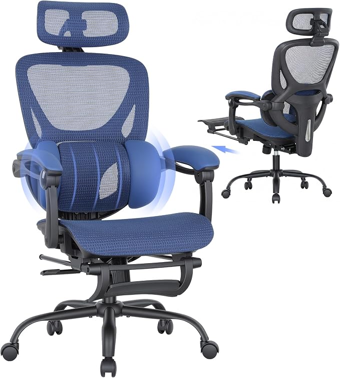 MALOL Ergonomic Mesh Office Chair with Footrest, Executive High Back Computer Desk Chair with 3D Adjustable Headrest & 5-Level Lumbar Support, Reclining Tilt Lock, 3D Arms, 300LBS Capacity, Blue by MALOL