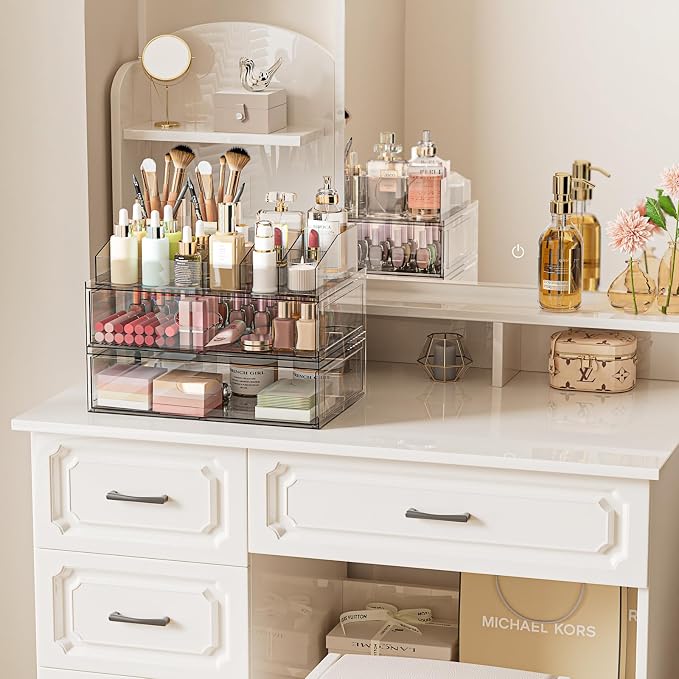 Clear Stackable Makeup Organizer with Drawer, 12''W Acrylic Storage Drawers | Cosmetic Display Case for Vanity Bathroom Countertop Drawers, Beauty Holder for Lipstick Brush Skincare Perfume - Image 2