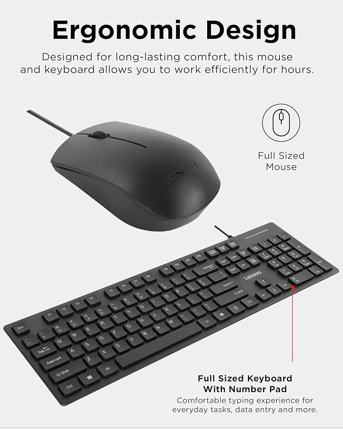 Lenovo 305 USB-C Wired Keyboard & Mouse Combo, Black, Spill-Resistant, Narrow Border, Adjustable Tilt, Full-Size Keyboard & Mouse, Compatible with Laptop, PC, Tablet, USB-C Connectivity Gaming Office - Image 7