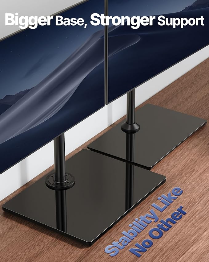 HUANUO Free Standing Dual Monitor Stand for 13-32 Inch Monitors, Glass Base | Free Standing Base, Two Setup Options, Adjustable Dual Arms, 22 lbs per Arm, VESA 75x75/100x100mm, Easy Portrait Rotation - Image 4