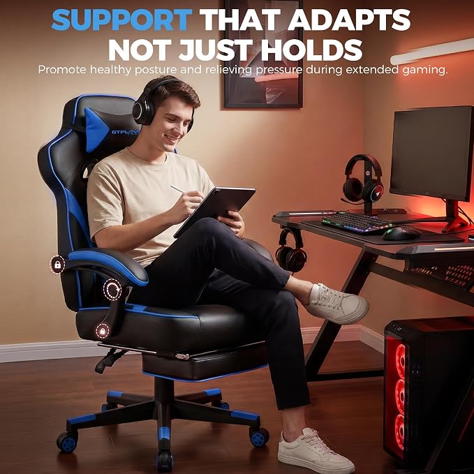 GTPLAYER Gaming Chair with Footrest, 350LBS Big and Tall Office Chair, Ergonomic High Back Lumbar Support and Recliner for Back Pain Relief, Blue - Image 9