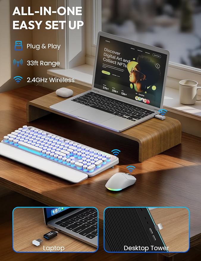 Wireless Keyboard and Mouse, Backlit Typewriter with Magnetic Wrist Rest | Phone Holder, Light Up Round Keycaps, Lighting Mouse, 2.4GHz Cordless Set for Mac, Windows, PC, Laptop, SABLUTE - Image 5