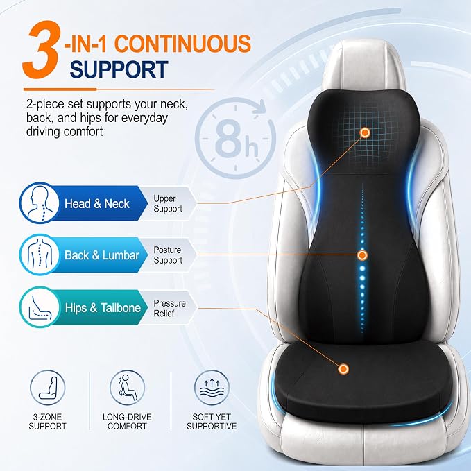 Allaboutsla 2 Piece Car Seat Cushion, Back Support with Car Headrest Pillow | 3-in-1 Memory Foam Car Seat Cushions, Car Lumbar Support with Car Neck Pillow, Seat Support for Long Driving, Trucks, Black - Image 4