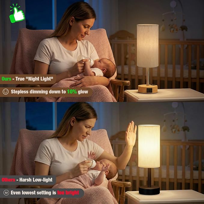 Touch Bedside Table Lamp for Bedroom, Stepless Dimmable, USB A+C, AC Outlet | Base Touch Button Only, Memory Brightness, Ultra-dim Night Light, Included Bulb for Optimal Dimming, Wood Grain Base, Nursery - Image 6