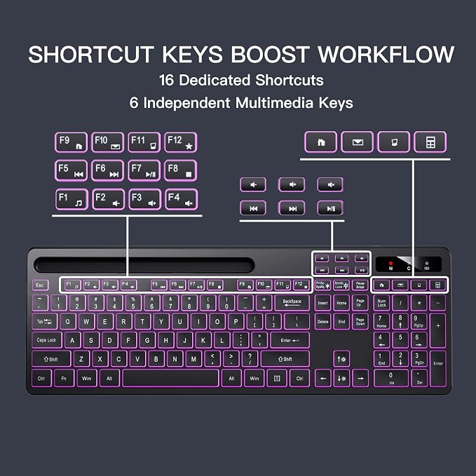 Soueto Wireless Keyboard with 7-Color RGB Backlit, Full-Size Computer Keyboard with Phone Tablet Holder, 2.4G Rechargeable Gaming Keyboard with Light Up Keys, Compatible with Mac, Windows (Black) - Image 5