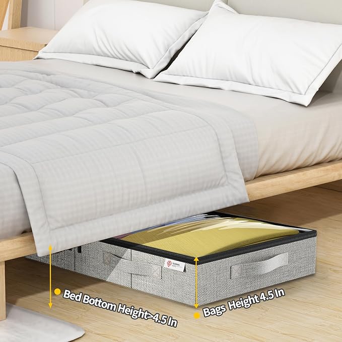 4.5 Inches Under Bed Storage Containers with Sturdy Sidewalls/Bottom and Reinforced Handles，Low Profile Underbed Storage for Clothes,Shoes,Pillows and Blankets with Zips and Clear Windows,2 Pack - Image 6