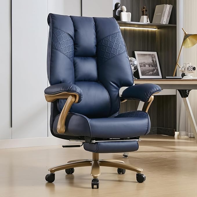 EXCEBET Big and Tall Executive Office Chair with Footrest, 400LBS Capacity Ergonomic High-Back Desk Office Chair with Lumbar Support, Padded Armrests & Thick Cushion, Blue PU Leather Chairs by EXCEBETOFFICECHAIR