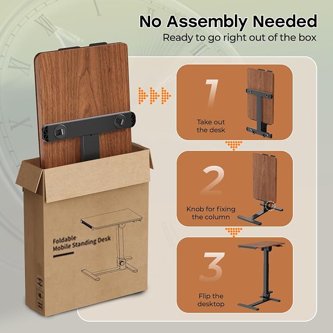 27" Foldable Standing Desk, No-Assembly Needed, Dark Wood | Height Adjustable Portable Mobile Desk with 90° Tiltable Desktop for Storage, End Table for Couch on Wheels - Image 9
