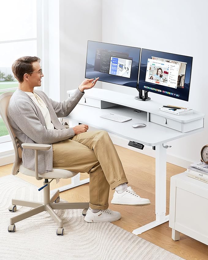 HUANUO 60″ x 30″ Electric Standing Desk with 2 Drawers, C-Clamp Mount Compatible, Height Adjustable Computer Desk, Home Office Stand Up Desk with 4 Preset Heights & 2 Hooks, White - Image 2