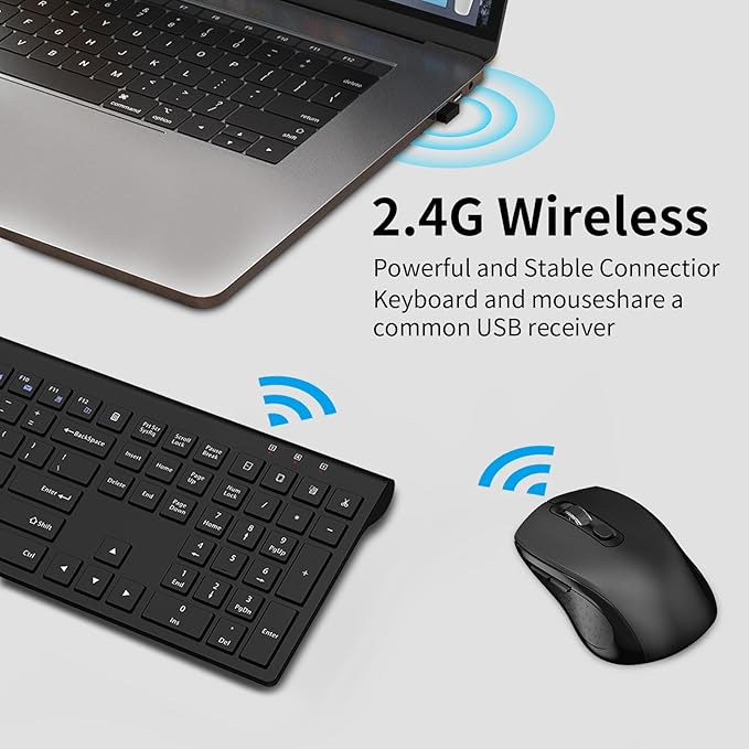 Wireless Keyboard and Mouse, Slim Full Size Keyboard with Calculator Button, Fn Lock, Silent Computer Mouse with Side Button, 2400 DPI, 2.4G USB Cordless Set for Laptop PC Windows Mac -Black - Image 4