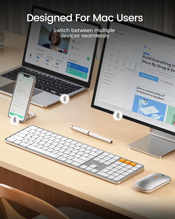 ProtoArc KM100-A Backlit Bluetooth Keyboard and Mouse for Mac, White Silver | Full-Size Mac Layout with Numeric Keypad, 3-Level White Led Backlight, 3-Device Bluetooth, Rechargeable Keyboard and Mouse - Image 2