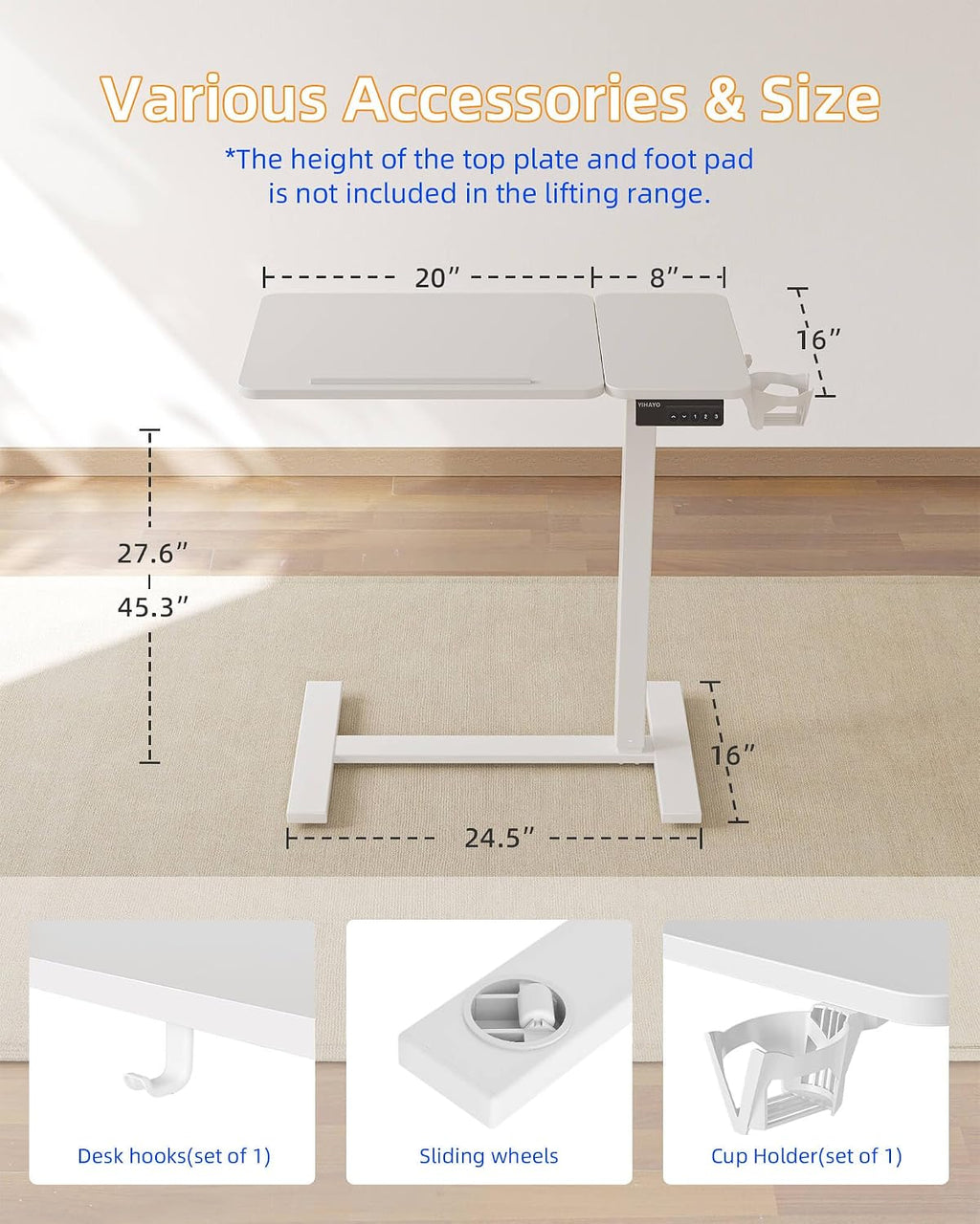 YIHAYO 28 x 16 Inches Electric Adjustable Overbed Bedside Table, White - Image 3