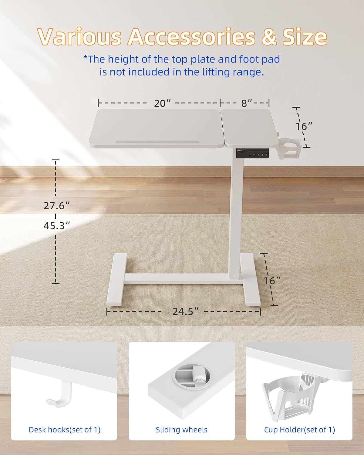 YIHAYO 28 x 16 Inches Electric Adjustable Overbed Bedside Table, White - Image 3