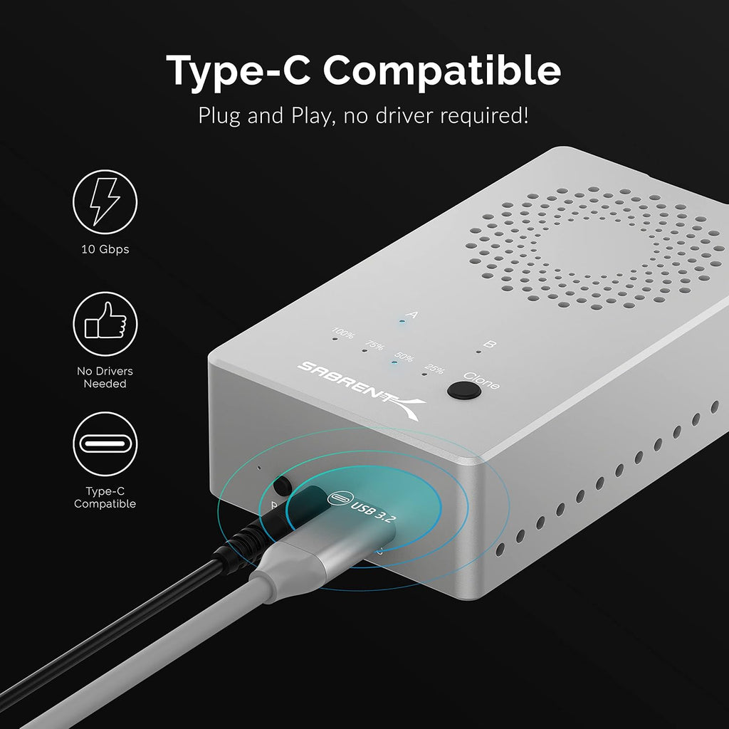 SABRENT Dual-Bay USB-C 10Gbps M.2 NVMe SSD Cloner Dock (EC-SSD2) - Image 4