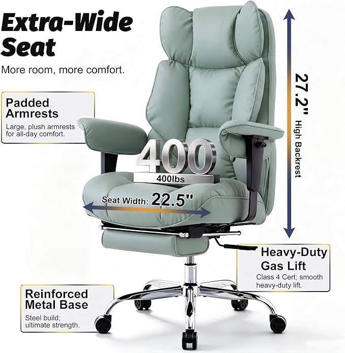 Efomao Executive Office Chair 400lbs,Green Big and Tall Desk Chair | Mattress-grade pocket spring cushion, sleek leather, 135° recline & footrest for computer gaming setup. - Image 3