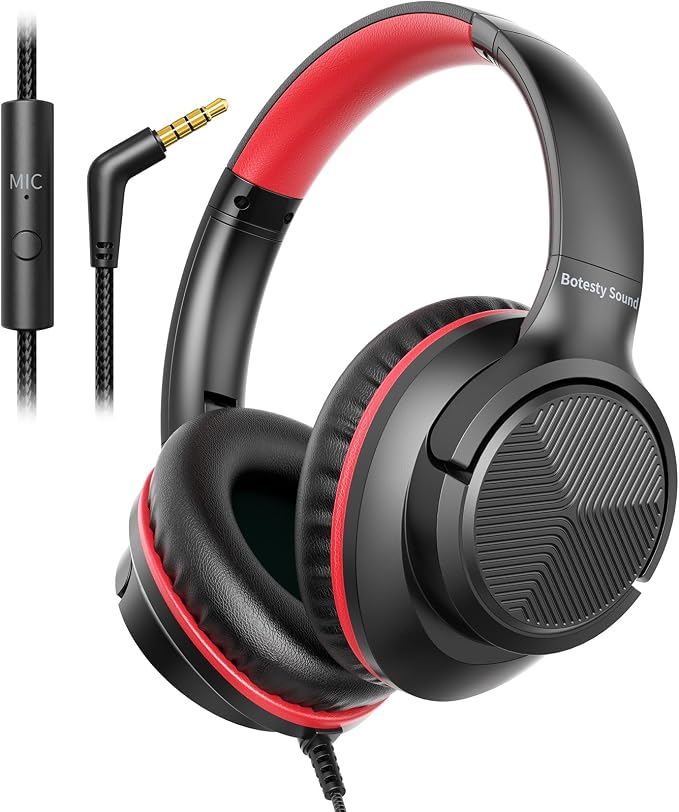 Botesty Sound Headphones Wired with Microphone, Over Ear Foldable 3.5mm Plug in Headphones Corded with 4.9ft Tangle-Free Nylon Cord for Tablet, Laptop, MP3/4, School, Airplane Travel (Black Red) by BotestySound