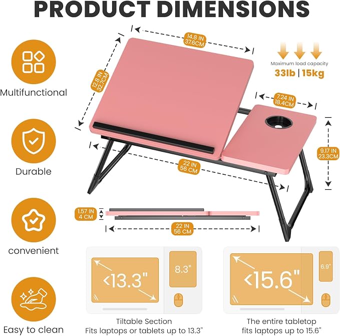 Laptop Bed Desk, 5-Angle Adjustable Bed Laptop Table with Cup Holder | Foldable Laptop Stand for Couch & Sofa, Portable Laptop Tray for Adults Writing Reading Eating, Pink - Image 2