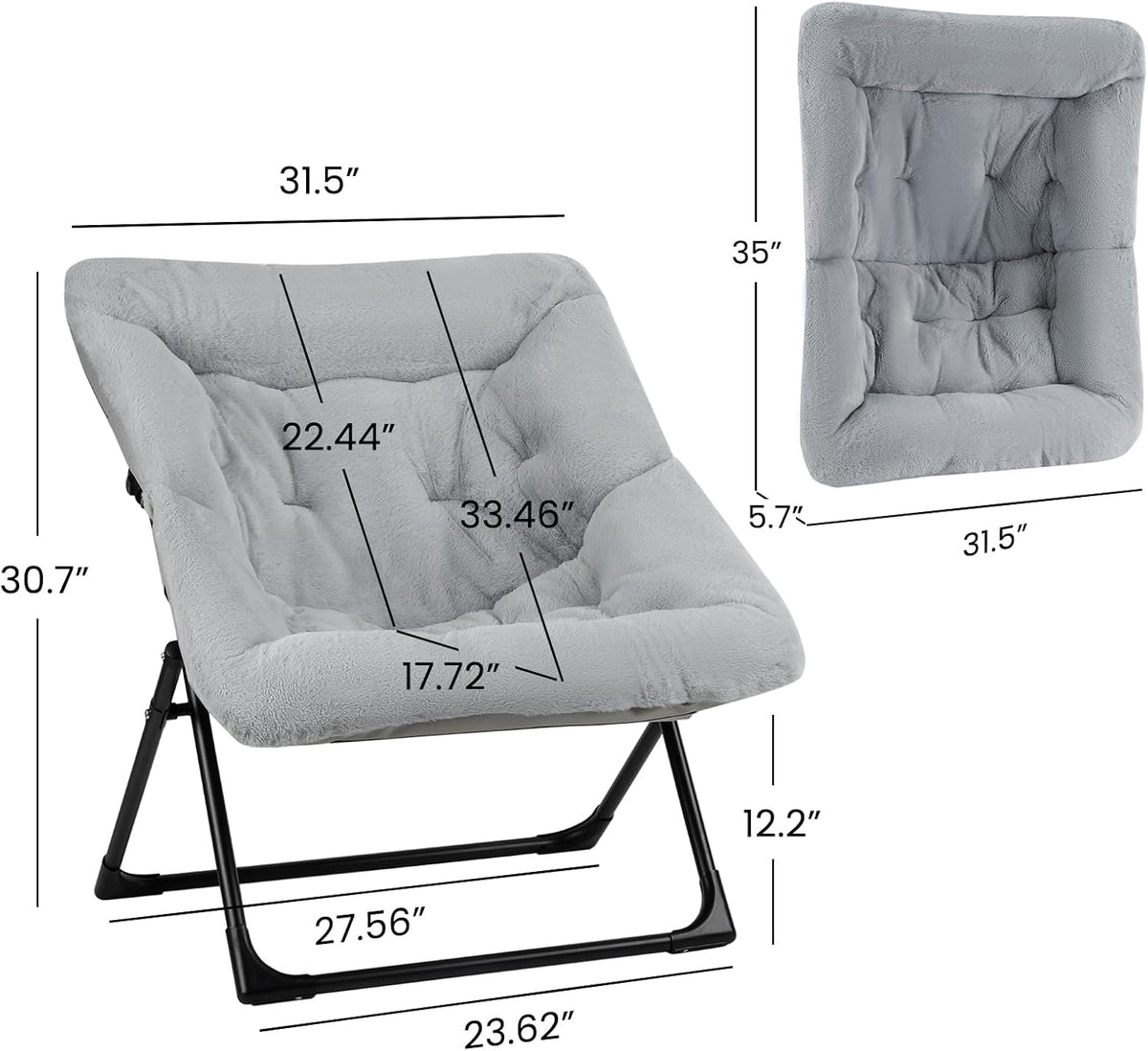 Comfy Saucer Chair for Adults, Soft Faux Fur Bedroom Chair, Accent Dorm Chairs, Flexible Living Room Reading Chairs, Oversized Folding Seat for Teens, X-Large, Grey - Image 3