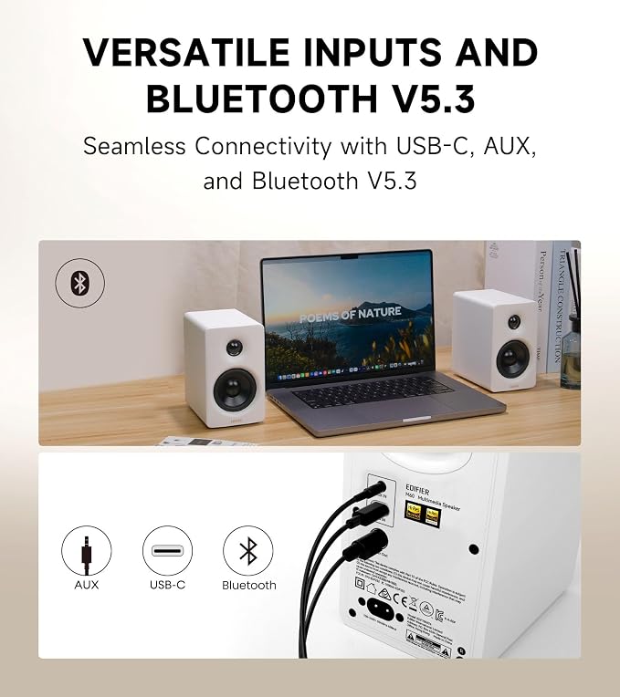Edifier M60 Multimedia Speaker, 66W RMS Computer Speaker, White | Bluetooth 5.3, Hi-Res Audio with LDAC, 3" Mid Bass & 1" Tweeter, USB-C AUX Inputs, Compact Desktop Speaker - Image 5