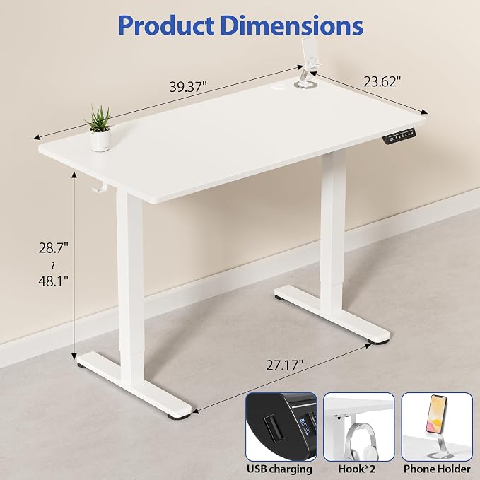 YESHOMY Height Adjustable Electric Standing Desk, 39 x 24 Inches Memory Home Office Sit Stand up Desk with Phone Holder and USB Charging Port, White - Image 3