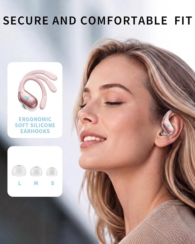 Active Noise Cancelling Ear Buds Wireless Earbuds 90H Playtime Bluetooth Headphones Stereo Bass Over-Ear Hooks Earphones with Power Display Case IPX7 Waterproof Headset for Workout/Running, Rose Gold - Image 4