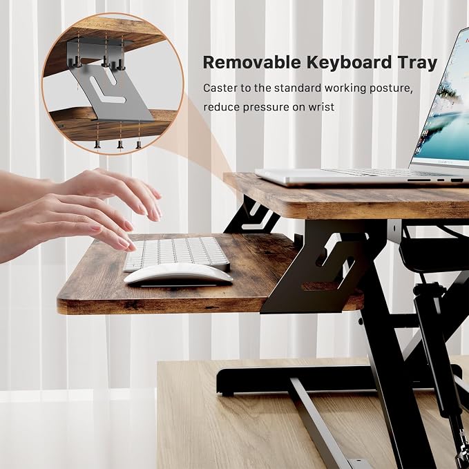 JOY worker Standing Desk Converter, 32" Height Adjustable Sit Stand Riser | Rustic Brown Table Top Stand Up desk with Fixed Keyboard Tray, Monitor and Laptop Workstation, Particle Board, Home Office - Image 6