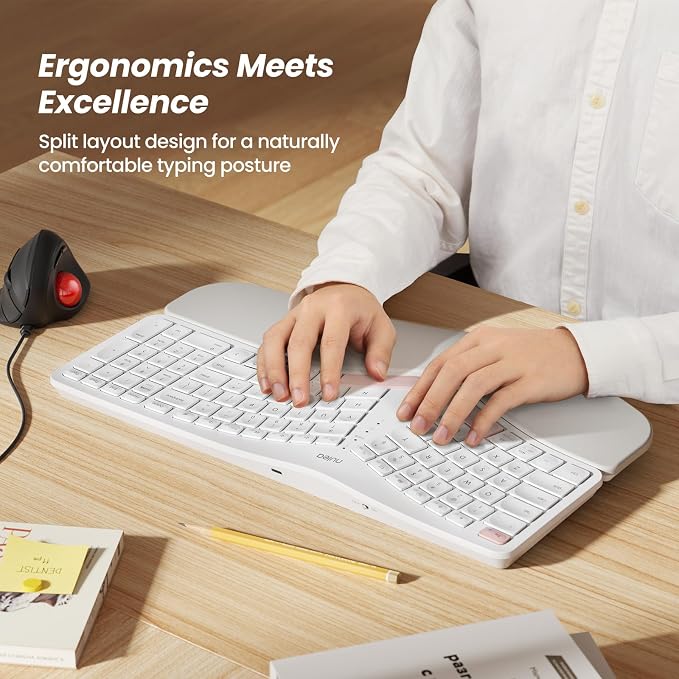 Nulea Wireless Ergonomic Keyboard, Split Keyboard with Cushioned Wrist Rest, USB and Bluetooth Connectivity, USB-C Rechargeable, Compatible with Windows Mac（Pink-White） - Image 2