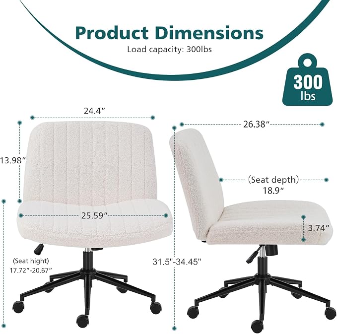 OLIXIS Criss Cross Chair with Wheels, Vanity Chair, Home Office Desk | Wide Seat Armless, Furry Teddy Fleece, Height Adjustable Swivel Rolling, Home Computer Task Seat, Bedroom Study, Beige Teddy - Image 2