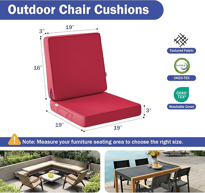 IPYNBAP Outdoor Cushions, Outdoor Chair Cushions 19x19x3 Inch, Cushions for Outdoor Furniture with Removable Cover, Waterproof & Fade Resistant Outdoor Seat Cushions for Patio, Lawn, Burgundy - Image 2