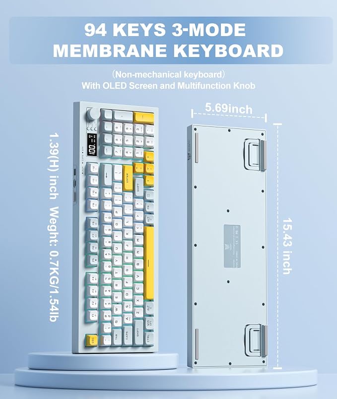 Tri-Mode Wireless Keyboard, BT/2.4G/Wired, Silent Membrane, RGB Backlit, Display Screen & Multimedia Knob, 94 Keys PBT Keycaps for PC Home Gaming Office Use - Image 3