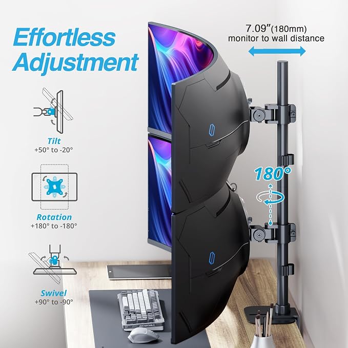 AVLT Dual 49 Inch Stacking Monitor Heavy-Duty Pole Mount - Black | Stack 44 lbs Super Ultrawide Screens Pole Height Tilt Swivel Rotate Adjustment C-clamp Grommet Mounting Base VESA Compatible - Image 4