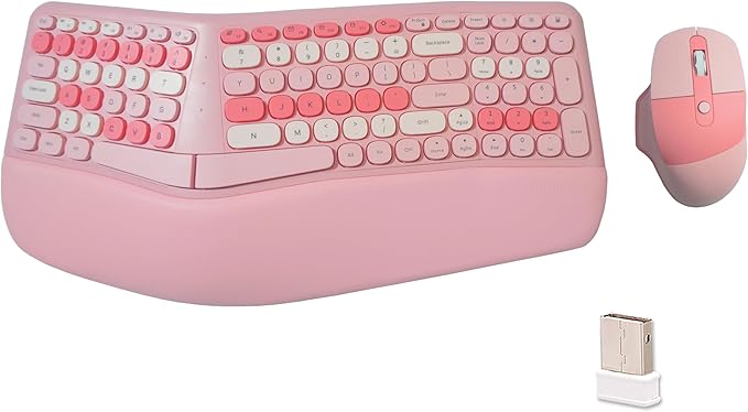 Wireless Ergonomic Keyboard and Mouse Combo with PU Wrist Rest, Carpal Tunnel Keyboard, 2.4G Colorful Split Ergo Keyboard, Comfortable Natural Typing, Compatible with PC/Laptop (Pink) by Lomiluskr-ColorfulComputerAccessories