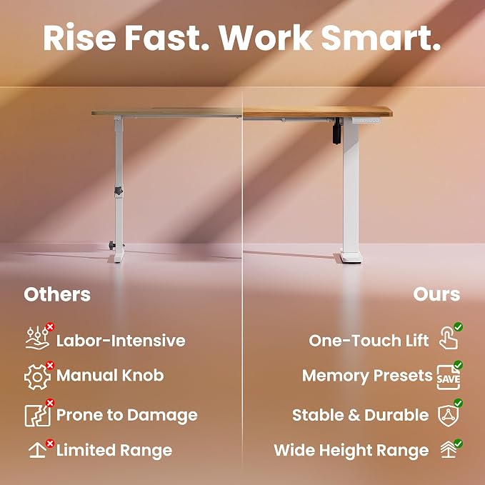 HUANUO 48x24 Inch Electric Standing Desk, Adjustable, Light Vintage Brown | 176 Lbs Capacity, Smooth Home Office Desk, 4 Memory Presets & Headphone Hooks, 28.3–46.5 Inch Height Range, Easy to assemble - Image 6