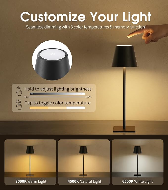 UME Cordless Table Lamp, Battery Operated Lamp - Portable Waterproof Rechargeable Table Lamp w/ 3 Color Temps & Stepless Dimming for Dinner, Desk, Cafe, Outdoor (Black) - Image 3