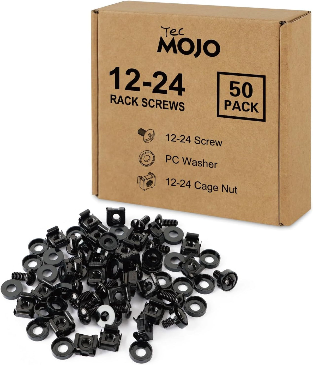 Tecmojo Rack Mount Screws Kit 50 Pack - 12-24 Rack Mount Cage Nuts, Screws and Washers, for Network Racks, Enclosures and Server Cabinets, Tapped Hole and Square Installation by Tecmojo