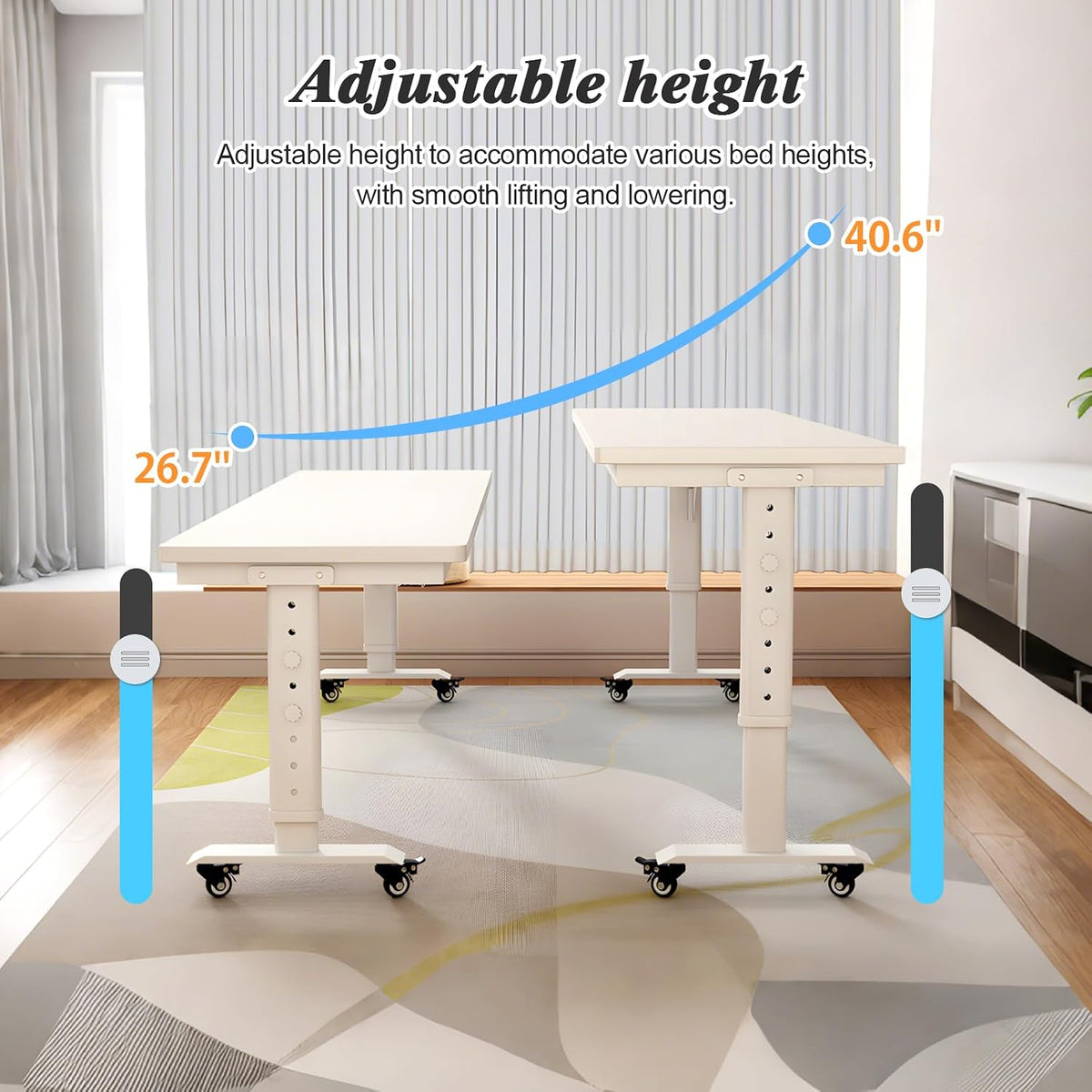 94.5" Overbed Table with Wheels for King Beds, Height Adjustable - Image 4