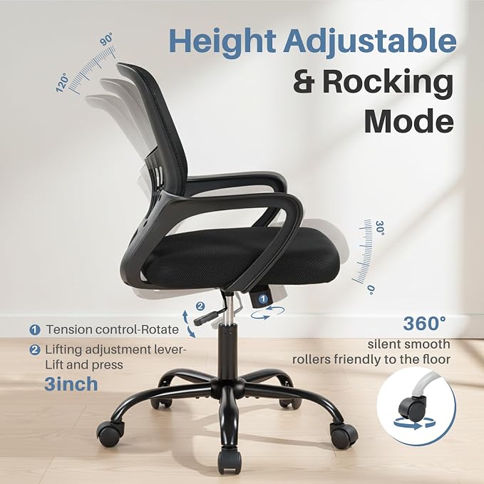 DUMOS Home Office Chair, Computer Desk Chair, Lumbar Support | Ergonomic Mid Back Mesh, Height Adjustable Fixed Armrest, Rocking Mode 360 Swivel, Computer Conference, Black - Image 8