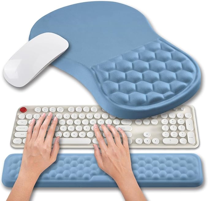 Hokafenle 2 in 1 Ergonomic Mouse Pad Wrist Support & Wrist Rest for Computer Keyboard Set, with Relieve Carpal Tunnel Pain Massage Bulge and Full Memory Gel Design (2In1 Set, Lake Blue) by Hokafenle