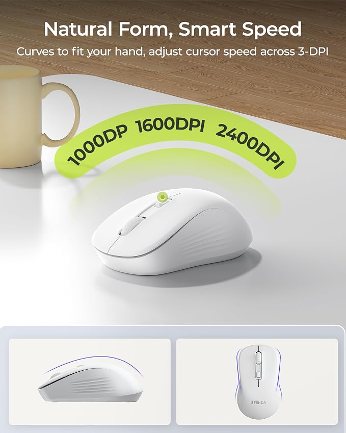 seenda COE200 Wireless Bluetooth Keyboard and Mouse Combo with Wrist Rest | USB/Bluetooth multi-device switching, quiet clicks, full-size ergonomic set for PC, laptop, Mac, and MacBook, White - Image 5