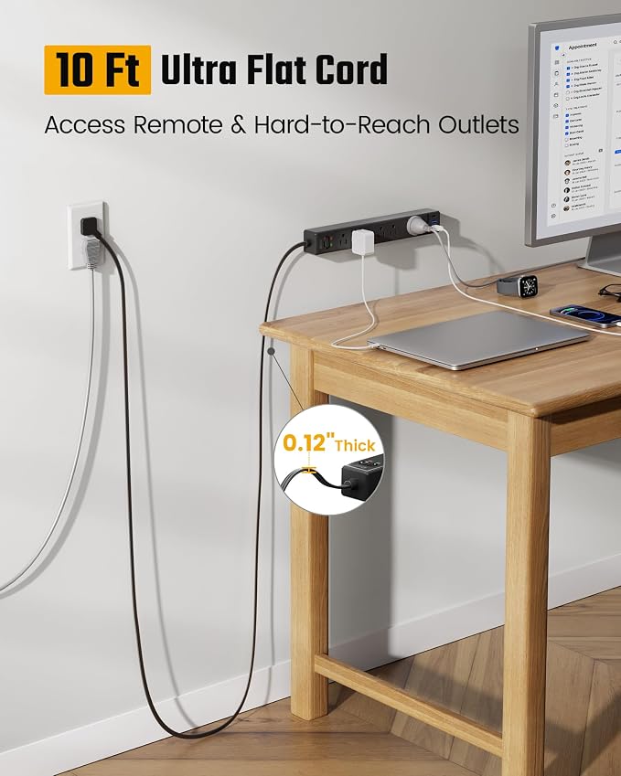 10Ft Long Extension Cord, SUPERDANNY Flat Plug Surge Protector Power Strip | Black Power Strip with 6 Outlets & 3 USB, Desk Charging Station for Home, Office, College Dorm Room Essentials - Image 2