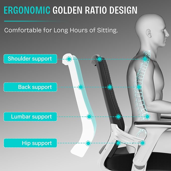 SUNNOW Office Chair, Ergonomic Computer Desk Chair, Sturdy Executive Task Chair - Adjustable Lumbar Support, Flip-up Arms, Tilt Function, Comfy Wide Seat, Swivel Mesh Home Office Desk Chairs (Black) - Image 4