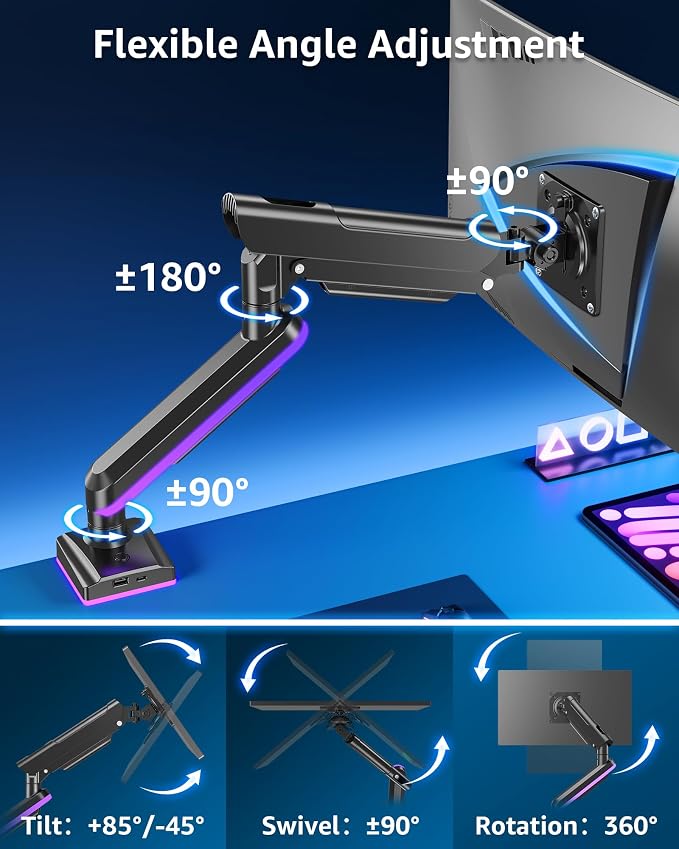 MOUNTUP RGB Single Monitor Arm Fits 32 27 24 22 inch, Holds 4.4-22lbs Screens, Monitor Stand for Desk with RGB Lights, 19 Modes, Computer Monitors Desk Mount, VESA Mount with Clamp & Grommet Bases - Image 4