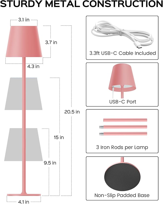 JACKYLED Cordless Table Lamps Rechargeable, 3 Adjustable Height, 5000Capactiy Opwer Operated, 3 Colors Smooth Dimming, Portable LED Waterproof Table Lamp for Dining, Bedroom, Outdoor ((2 Pack Pink) - Image 7
